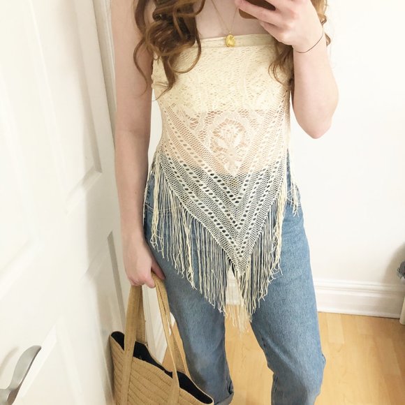 Vintage Accessories - Vintage Bohemian Lace Long Fringe Knit Scarf / Top
